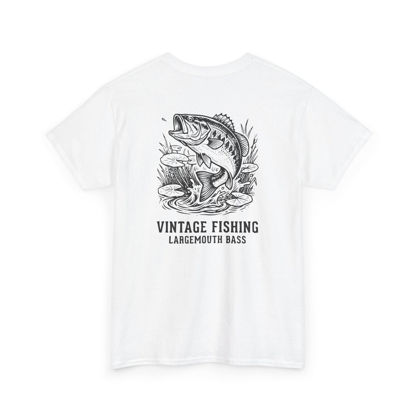 White t-shirt with black graphic of a largemouth bass and 'Vintage Fishing Largemouth Bass' text on a white background