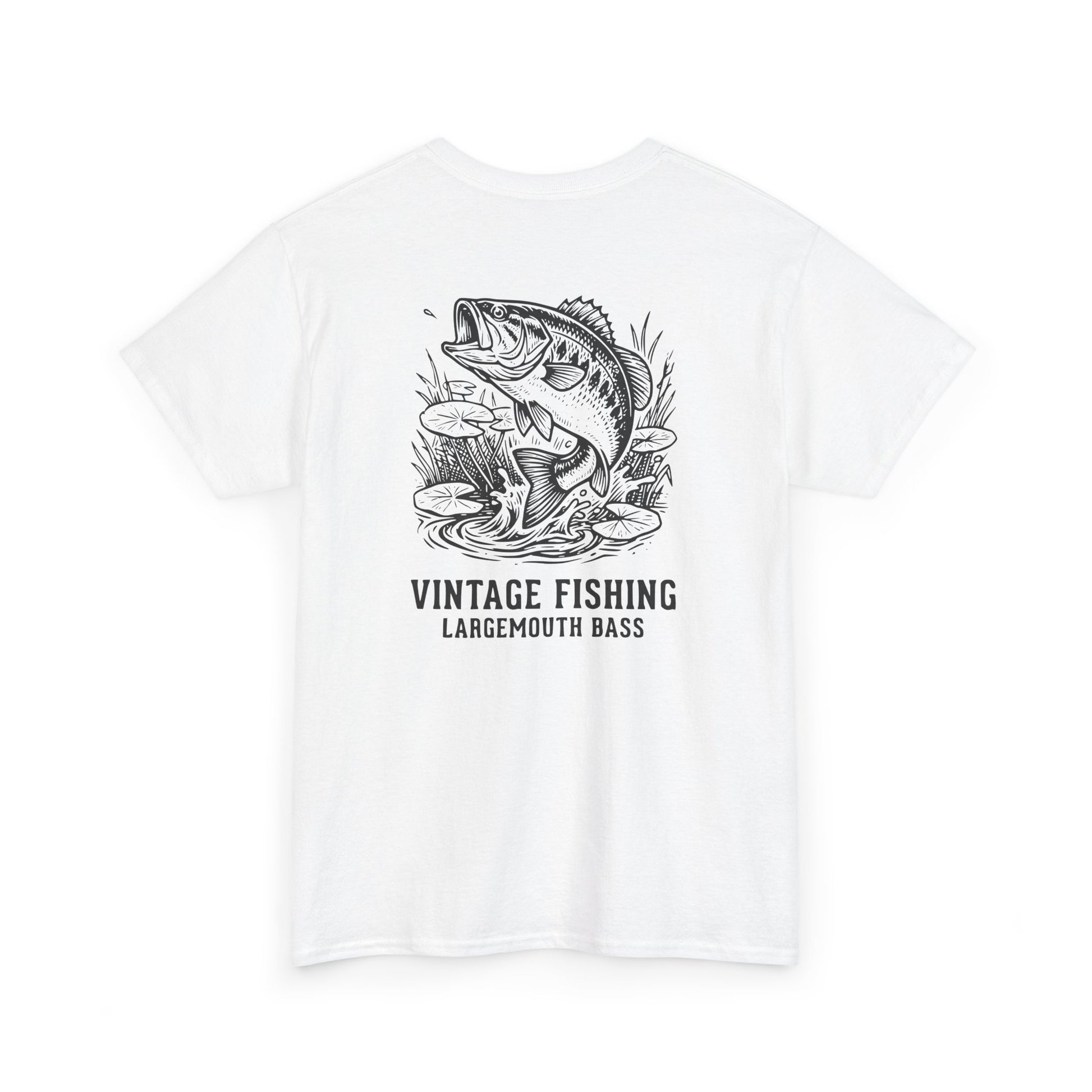 White t-shirt with black graphic of a largemouth bass and 'Vintage Fishing Largemouth Bass' text on a white background