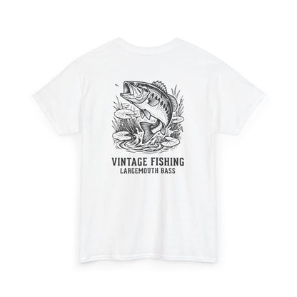 White t-shirt with black graphic of a largemouth bass and 'Vintage Fishing Largemouth Bass' text on a white background