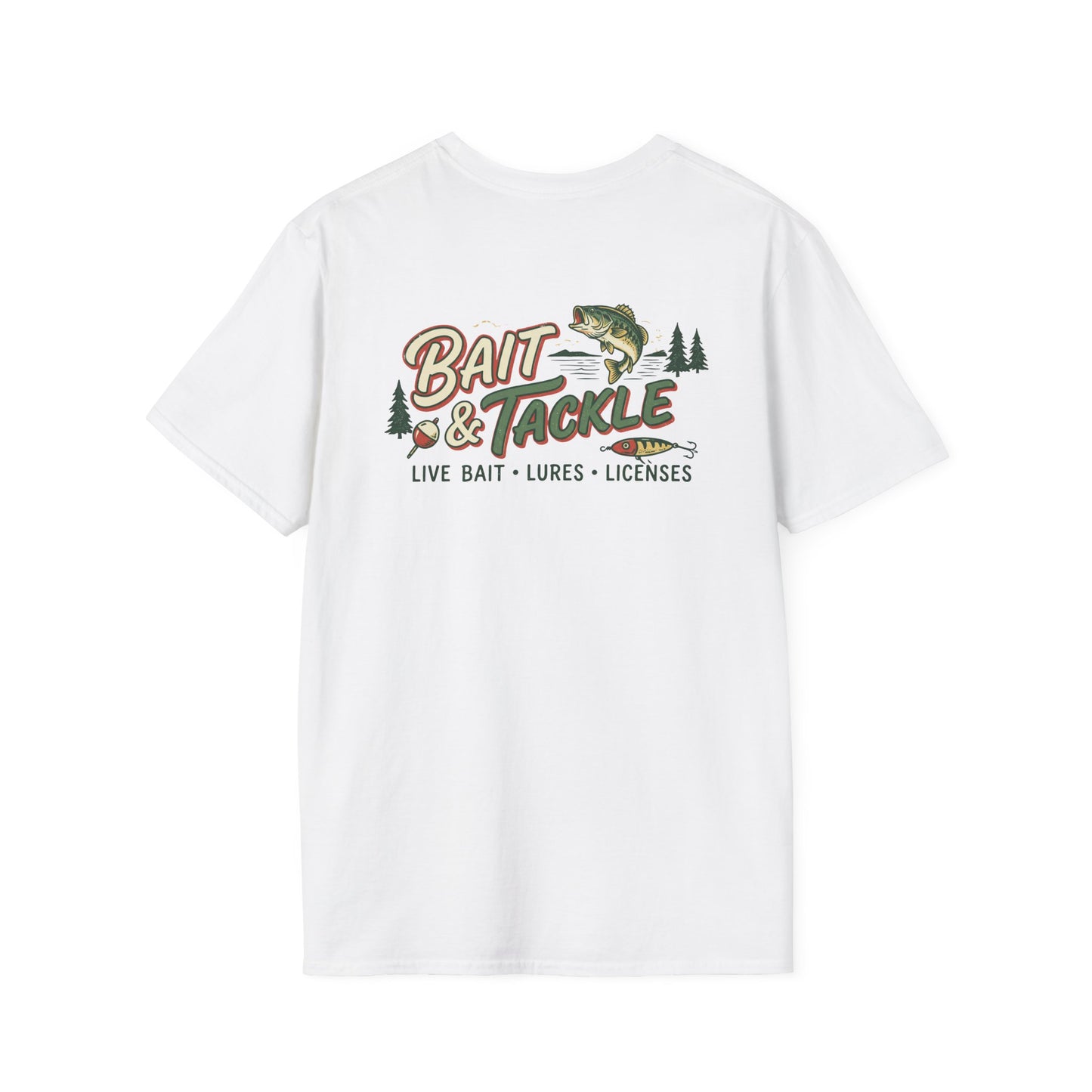 White graphic t-shirt with retro Bait and Tackle bait shop design 
