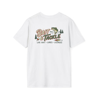White graphic t-shirt with retro Bait and Tackle bait shop design 