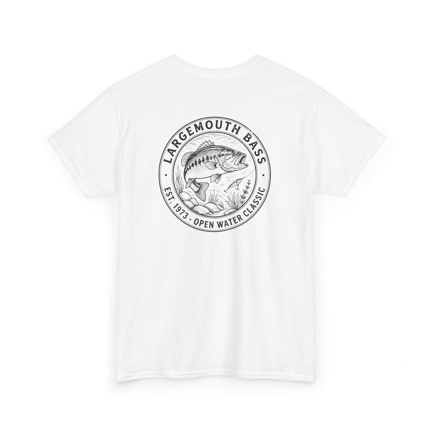 White t-shirt with largemouth bass graphic and text on a white background