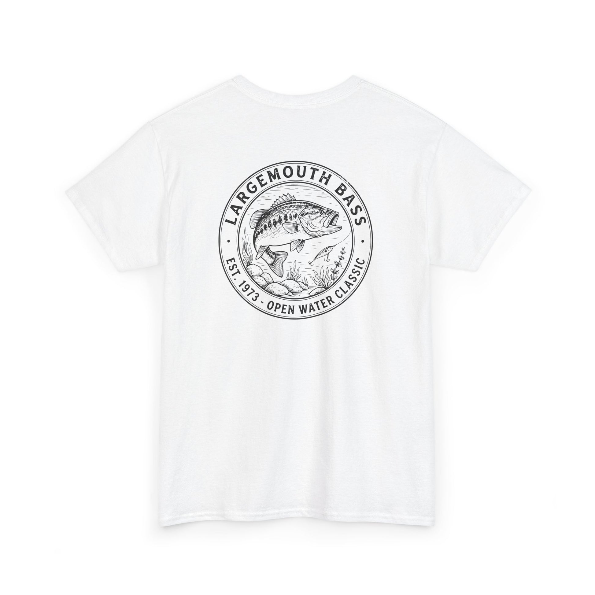 White t-shirt with largemouth bass graphic and text on a white background
