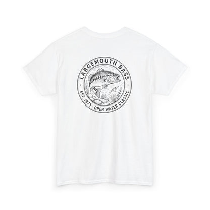 White t-shirt with largemouth bass graphic and text on a white background