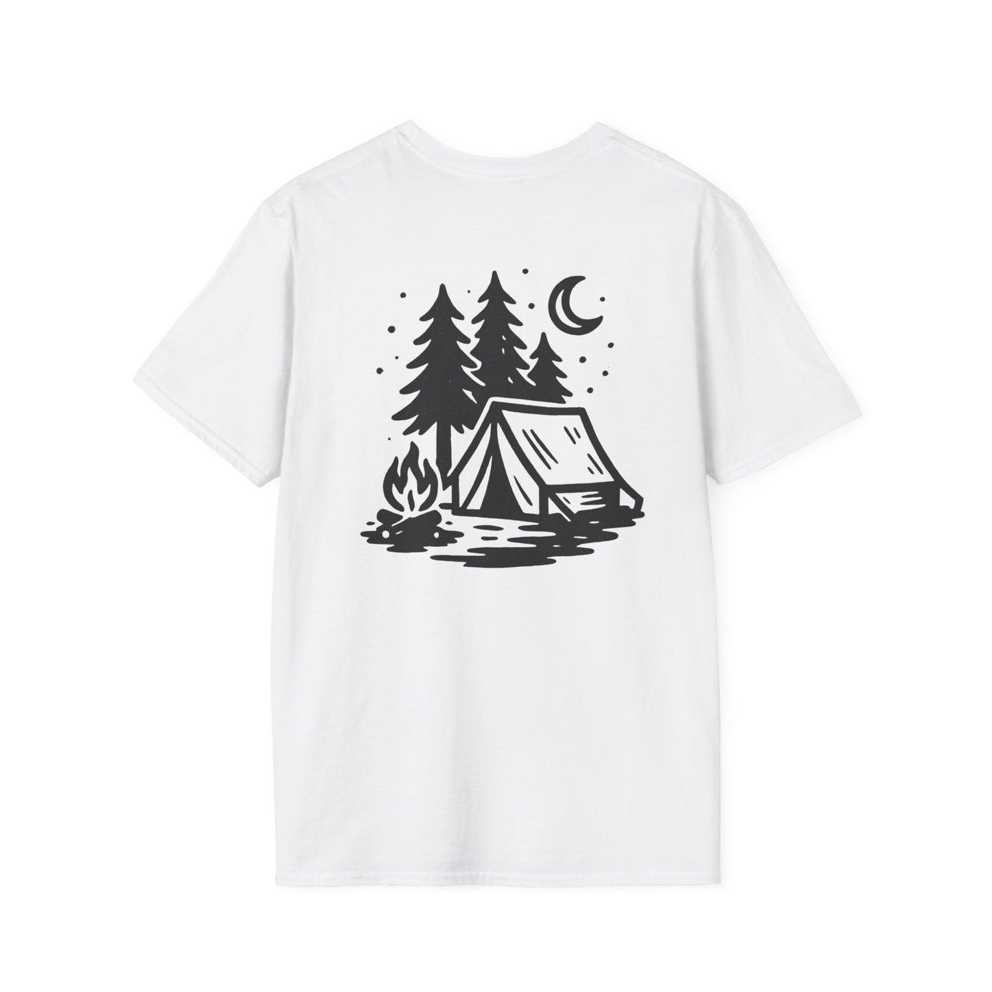 White t-shirt with black camping graphic featuring trees, a tent, and a campfire on a white background.