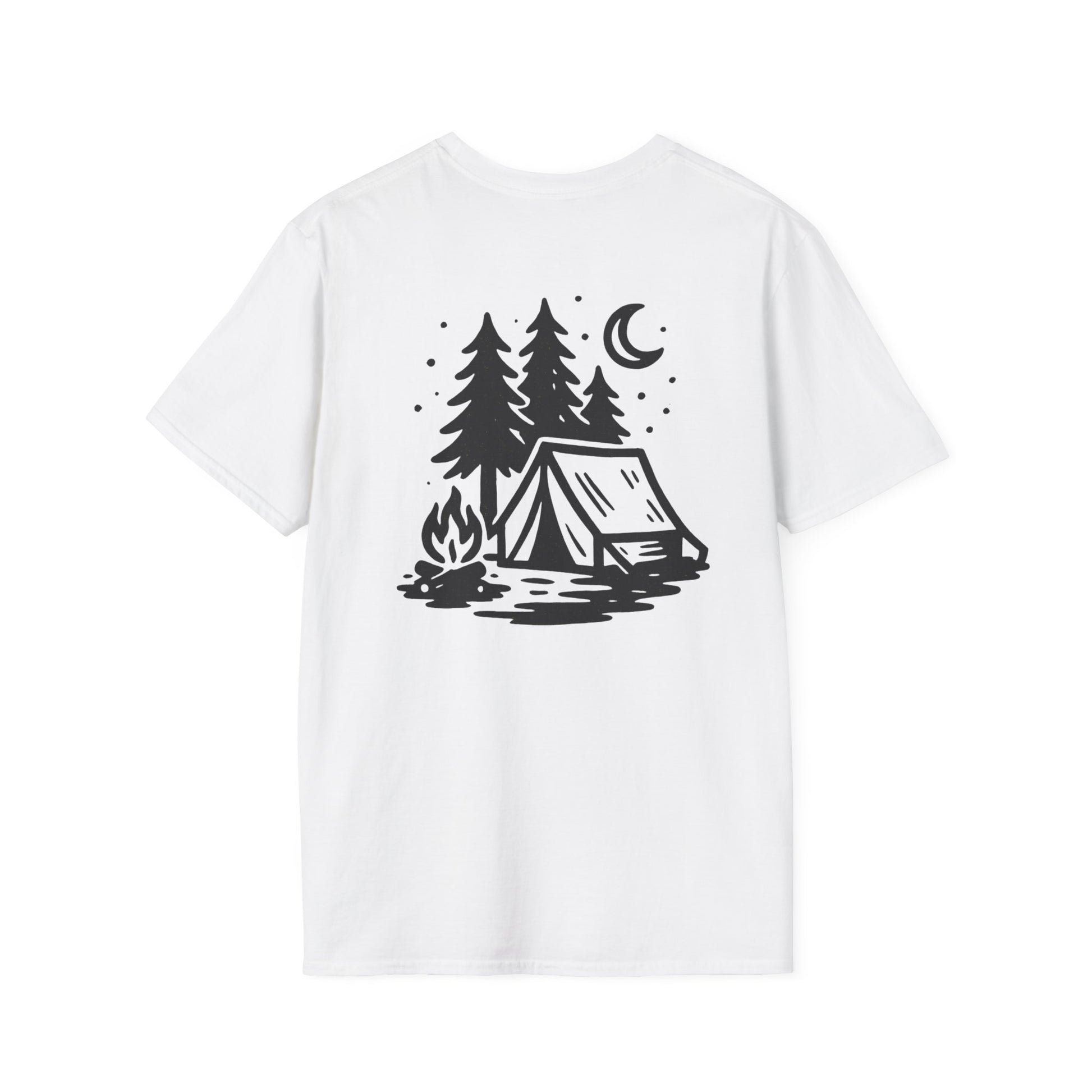 White t-shirt with black camping graphic featuring trees, a tent, and a campfire on a white background.