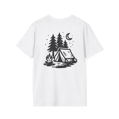 White t-shirt with black camping graphic featuring trees, a tent, and a campfire on a white background.