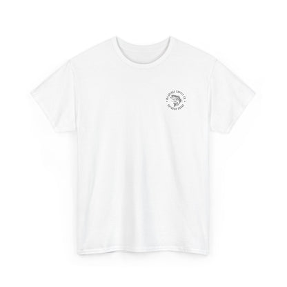 White t-shirt with a small bass fishing logo on a white background