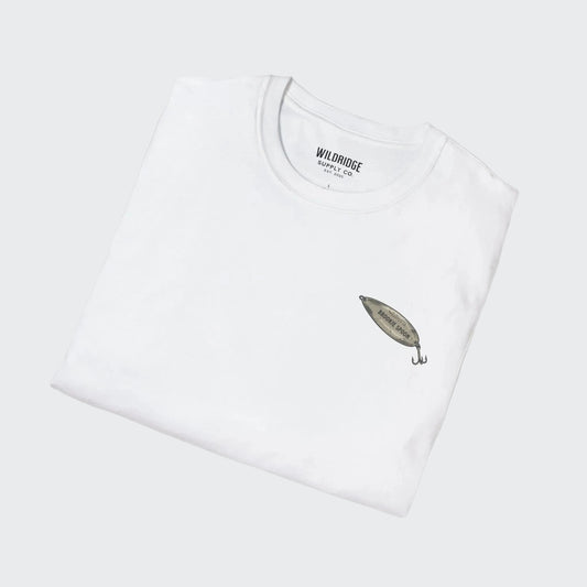 Trout fishing shirt with small lure graphic on front chest