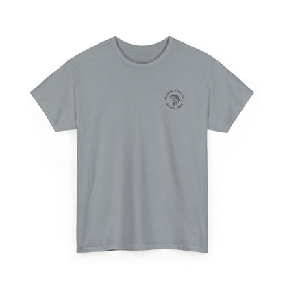 Gray t-shirt with a small logo on the chest against a white background