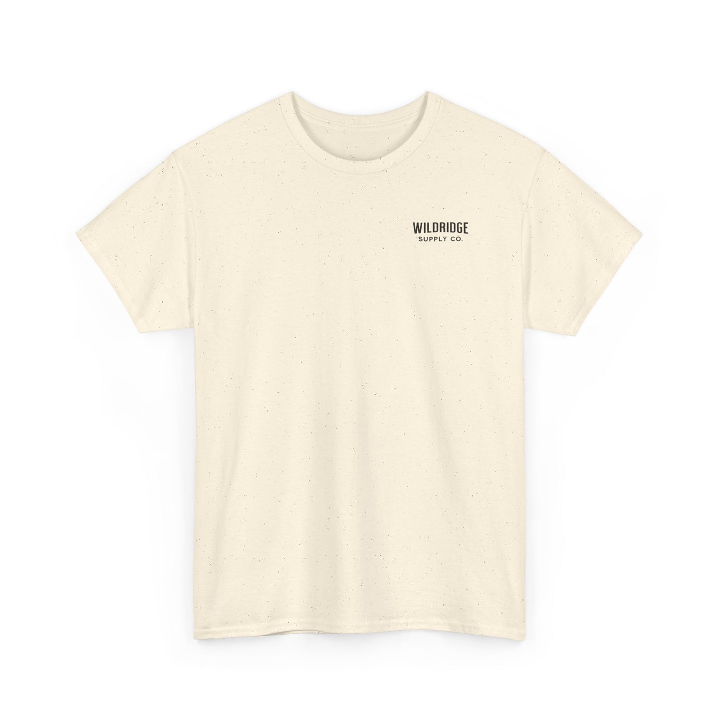 Beige t-shirt with 'Wildridge' logo on a white background