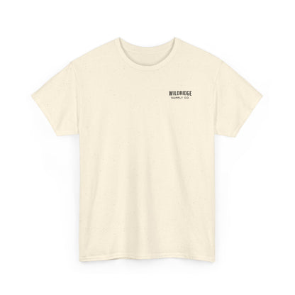 Beige t-shirt with 'Wildridge' logo on a white background