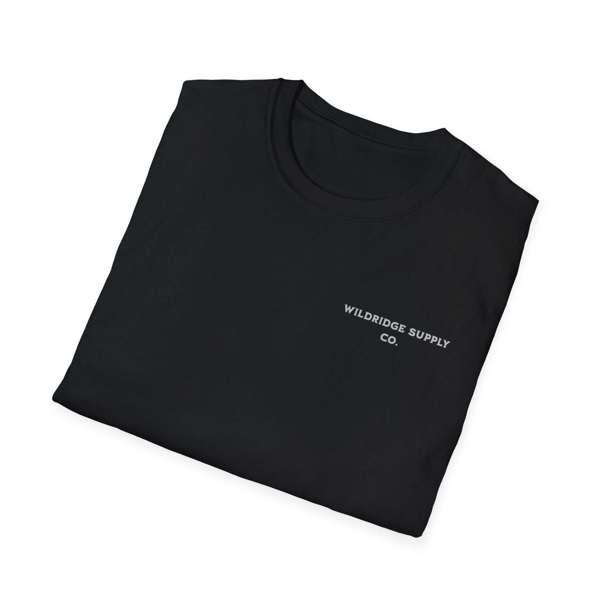 Folded black t-shirt with 'Wildridge Supply Co.' logo on a white background