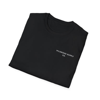 Folded black t-shirt with 'Wildridge Supply Co.' logo on a white background