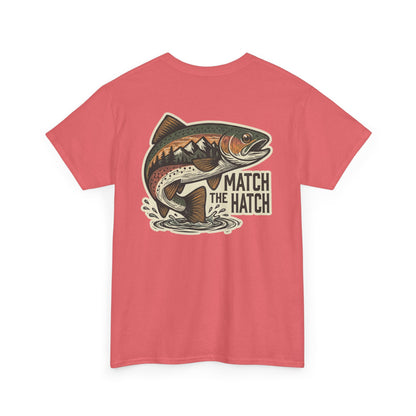 Fly fishing trout tee flat lay showing back design